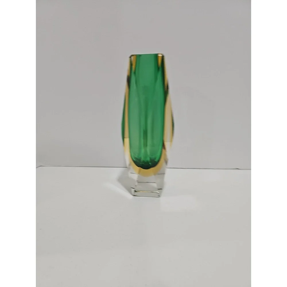 Vintage Murano Sommerso Faceted Art Olive Green‎ Glass Vase 8" Tall - Picture 3 of 10